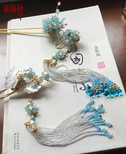 Colored Glaze BingFen-YuYan Series Original Vintage Handmade Hanfu Hair Accessories Hair Stick Hair Grip Hair Pin Earrings