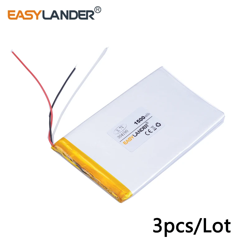 

3pcs /Lot 3.7v lithium Li ion polymer rechargeable battery 3-wire 304190 1500mAh for china Chinese clone s6 phone A5