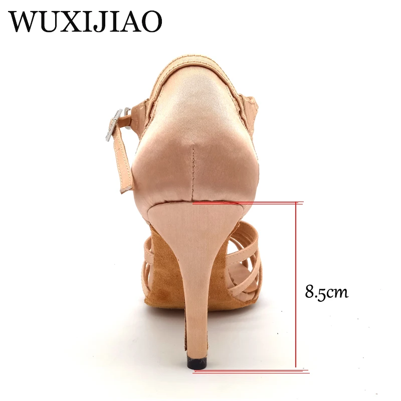 WUXIJIAO New Satin and Flash Cloth Ballroom Party Dance Shoes skin Latin Dance Shoes Woman Salsa Heel 6/7.5/8.5/10cm