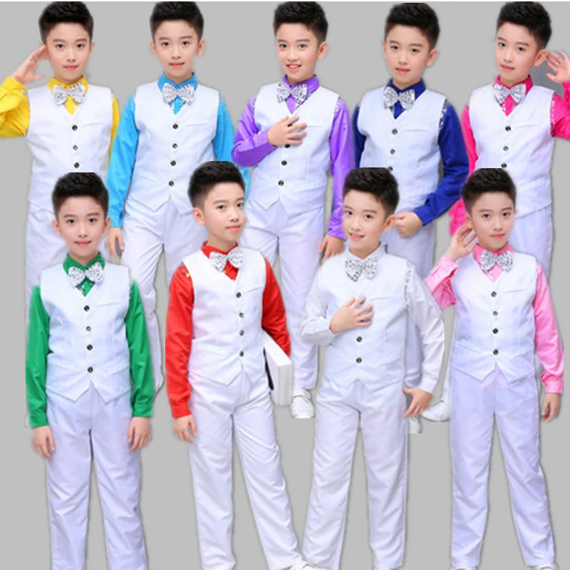 

Jazz Dance Costumes Boys Suit Long Sleeve Candy Color Shirt White Vest Pants Kids Hip Hop Clothing Stage Show Wear DNV11593