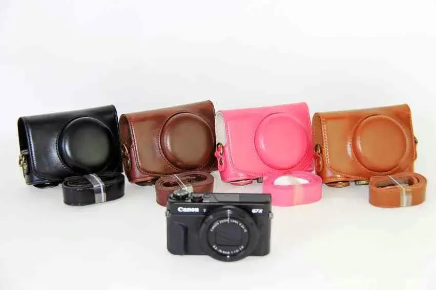 PU Leather Camera Bag Case Cover For  G7X G7X Mark II G7XII With Strap 4 Colors Black/Light Brown/Dark Brown/Pink