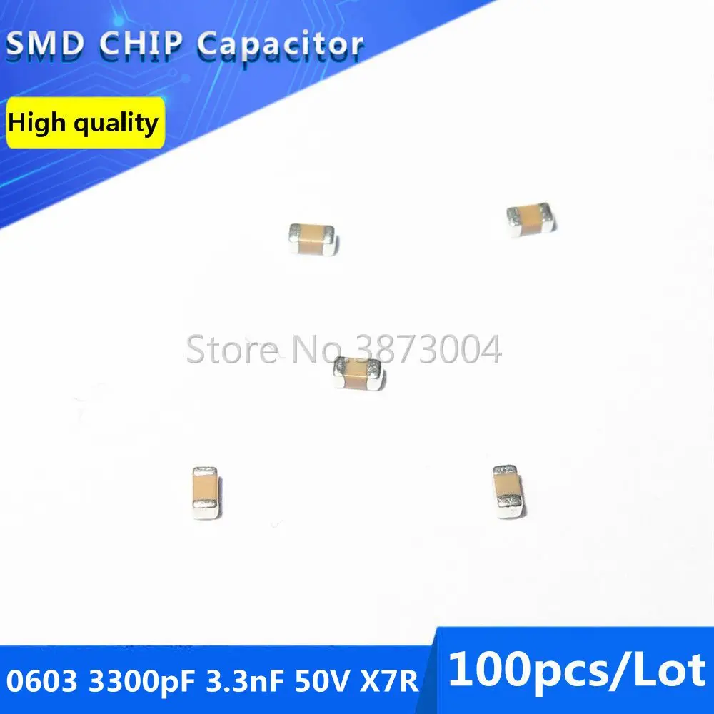 100pcs 0603 3300pF 3.3nF 50V X7R 10% SMD Chip Capacitor