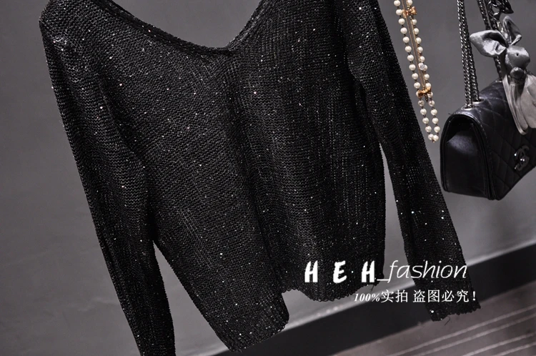 Cakucool New Women Sequined Sweaters Thin Black Long Sleeve V-neck Jumper Backless Sexy Bling Party Knit Pullover Sweater Lady