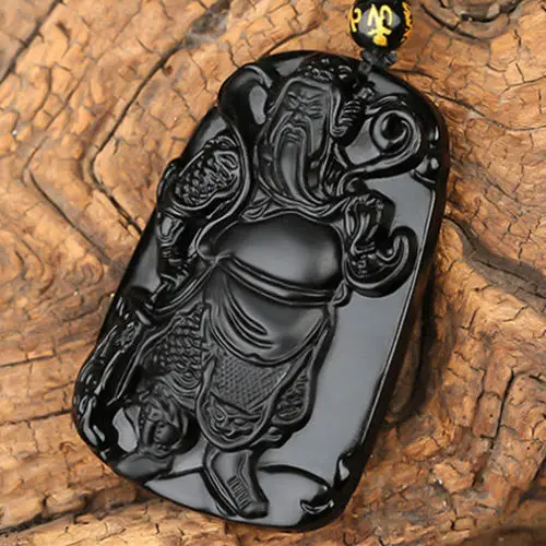 100% Natural Obsidian Hand-carved Guan Gong Guan Yu Lucky Amulet Pendant Necklace