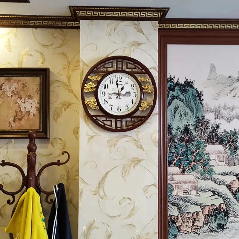 Wall Clock Living Room New Chinese Solid Wood Art Silence Household Clock Simple Wall Clock Quartz Clock