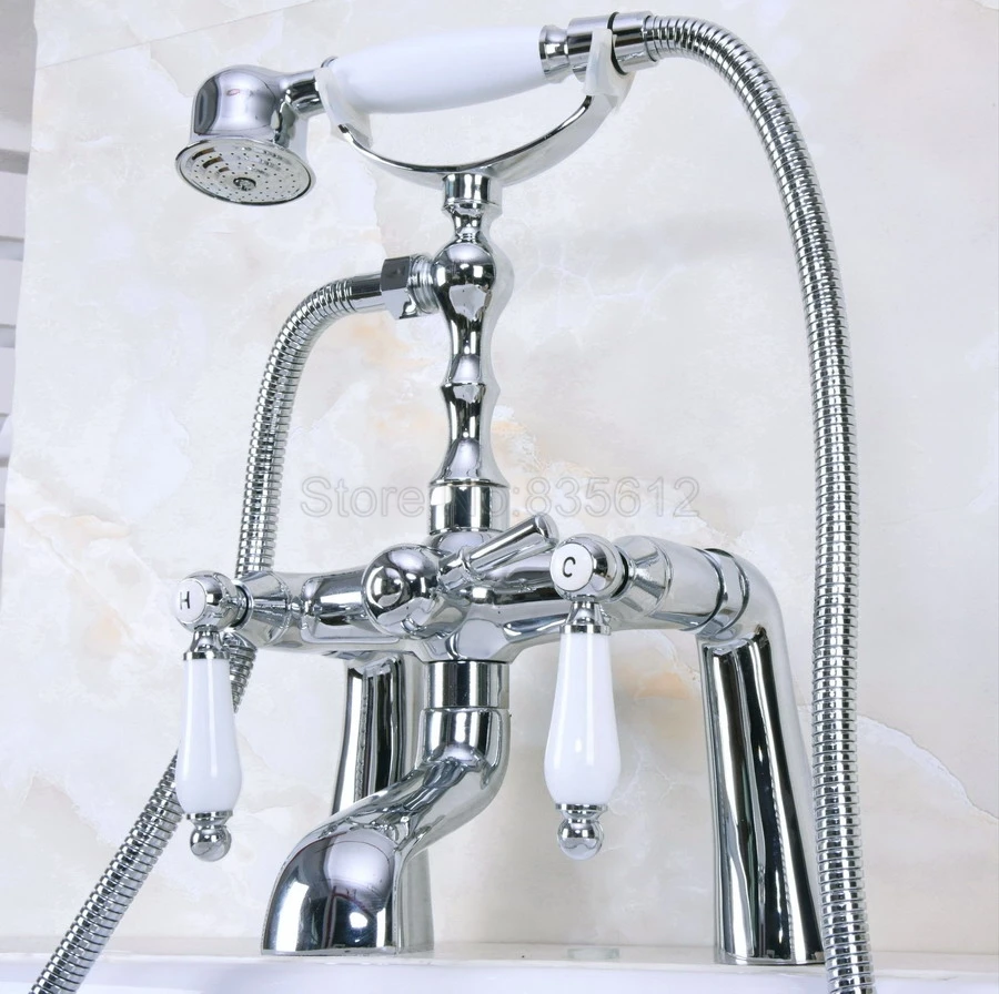 

Polished Chrome Bathroom Shower Taps Deck Mounted Clawfoot Bath Tub Faucet Dual Handle Mixer Tap with Handheld Shower tna110