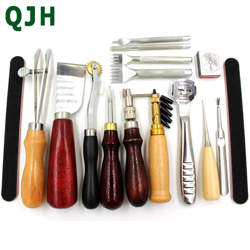 QJH 15 pieces Leather Tools Set Handmade Tools Punch Thread Taper Edge Cutting Drilling Kit leather tools stamp