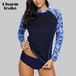 Charmleaks Long Sleeve Women Rashguard Retro Floral Print  Quick-drying Shirt Running Top Hiking Shirts Rash Guard UPF50+