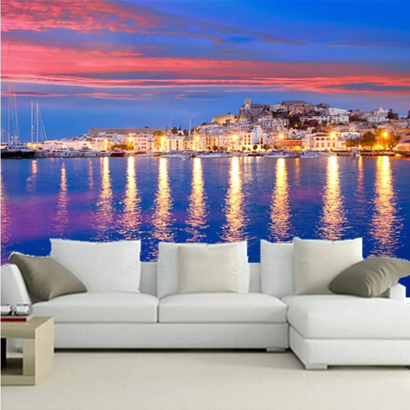 Custom 3D large mural, colorful sky, glittering house in Spain, a beautiful coast  ,living room sofa TV wall  bedroom wall paper