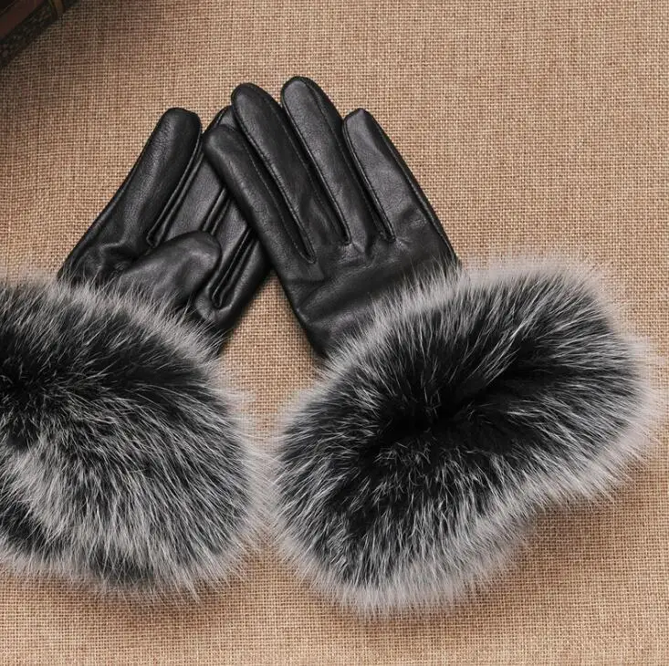 Women's autumn and winter thicken fleece lining glove lady's natural fox fur glove genuine leather driving glove R282