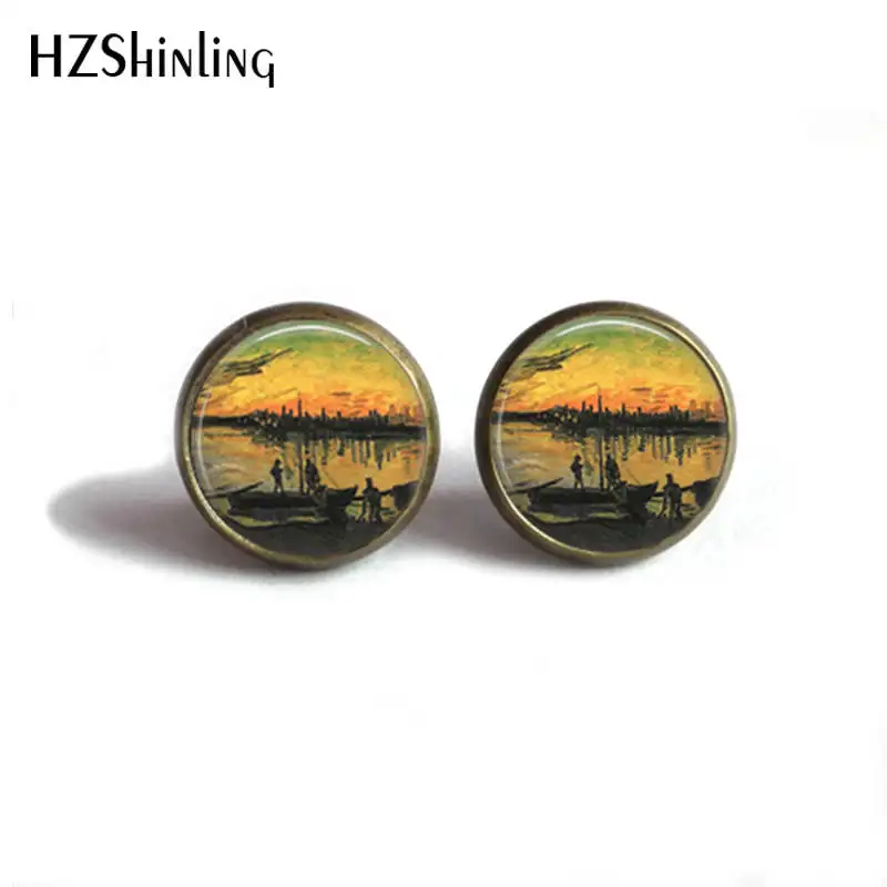 HZShinling Women Stud Earrings Van Gogh Painting The Starry Night Art Paintings Fashion Glass Sunflower Earrings Women HZ4