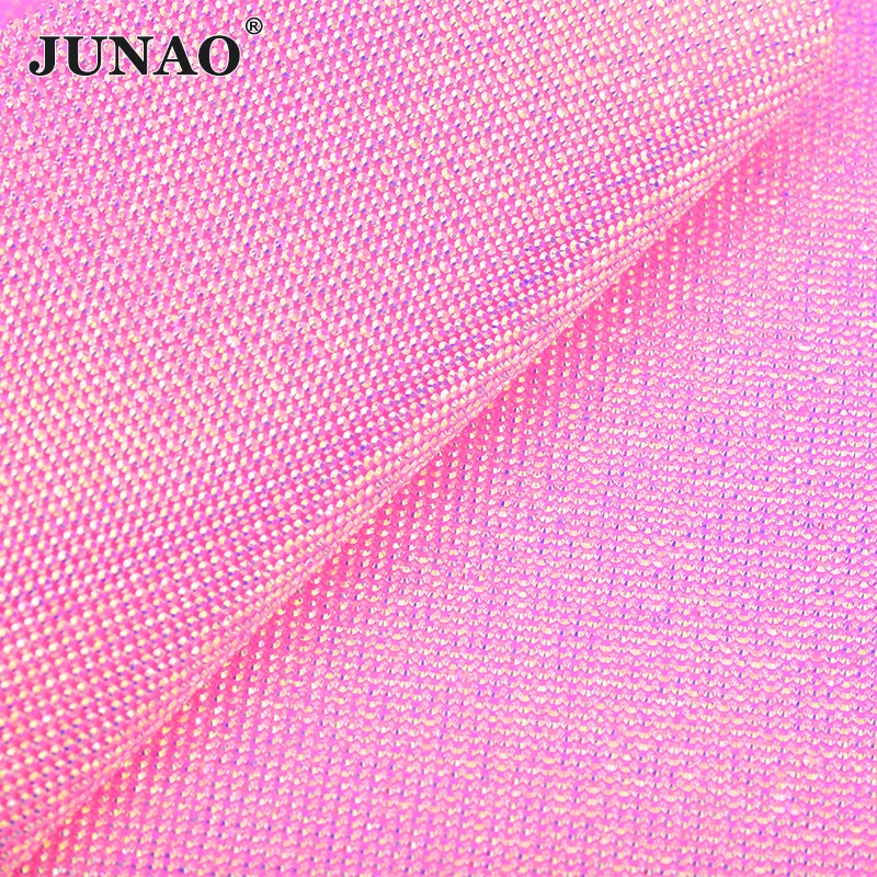 JUNAO SS6 Self Adhesive Pink AB Rhinestone Trim Mesh Fabric Decoration Crystal Ribbon Tape Diamond Strass Applique DIY Crafts