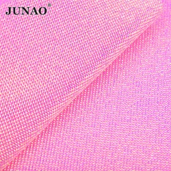 JUNAO SS6 Self Adhesive Pink AB Rhinestone Trim Mesh Fabric Decoration Crystal Ribbon Tape Diamond Strass Applique DIY Crafts