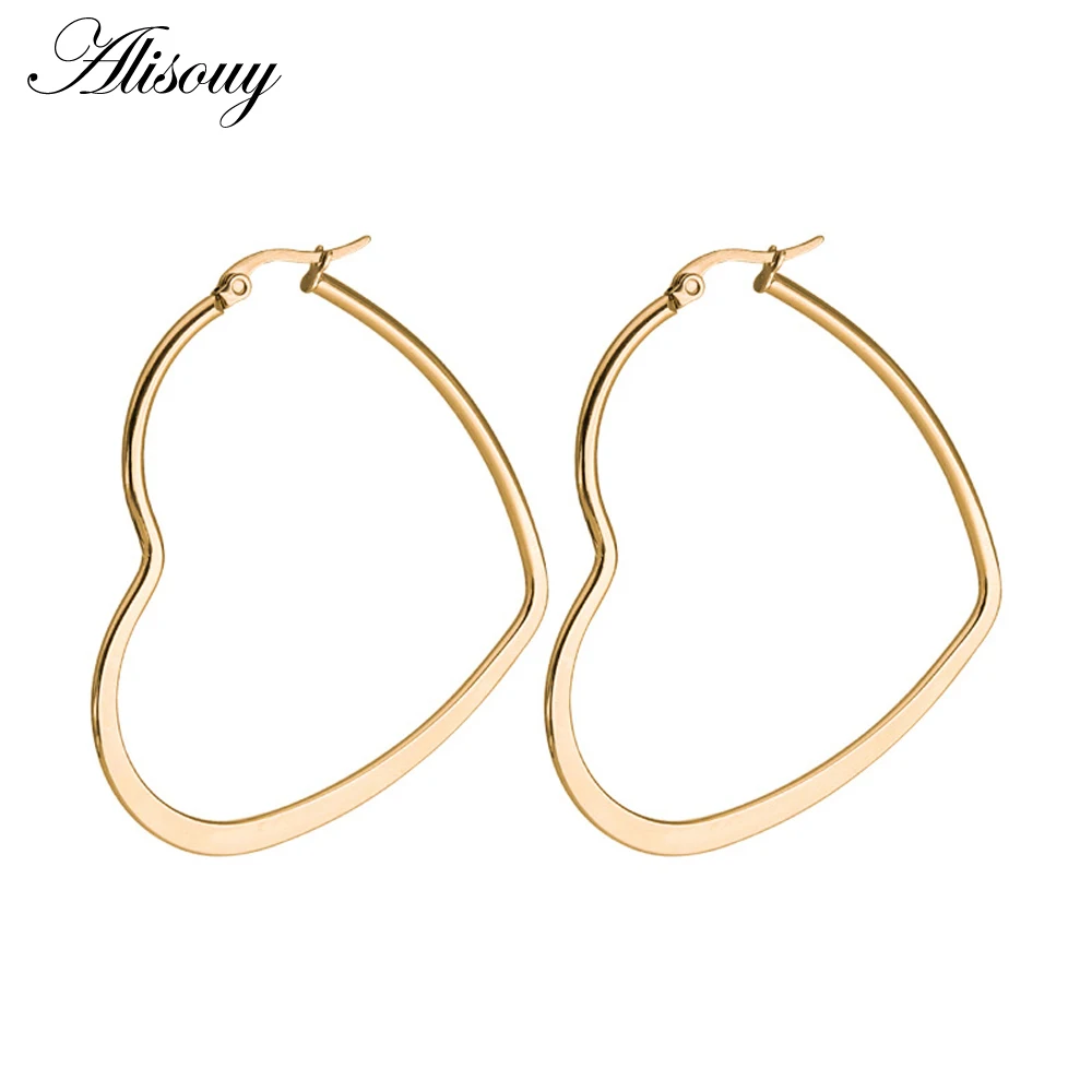 Alisouy 1pair Heart Shaped Large Hoop Earrings Rose Gold Color Stainless Steel Round Circle Hyperbole Earrings Nightclub Jewelry
