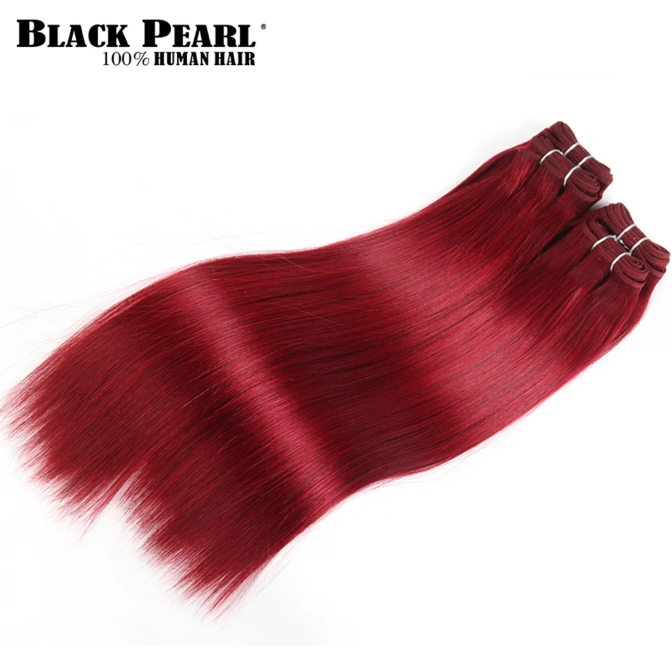 Hitam mutiara pre-colored Yaki rambut manusia bundel 4 buah Satu pak 190 Gram rambut lurus Brasil tenunan merah Burg # rambut non-remy