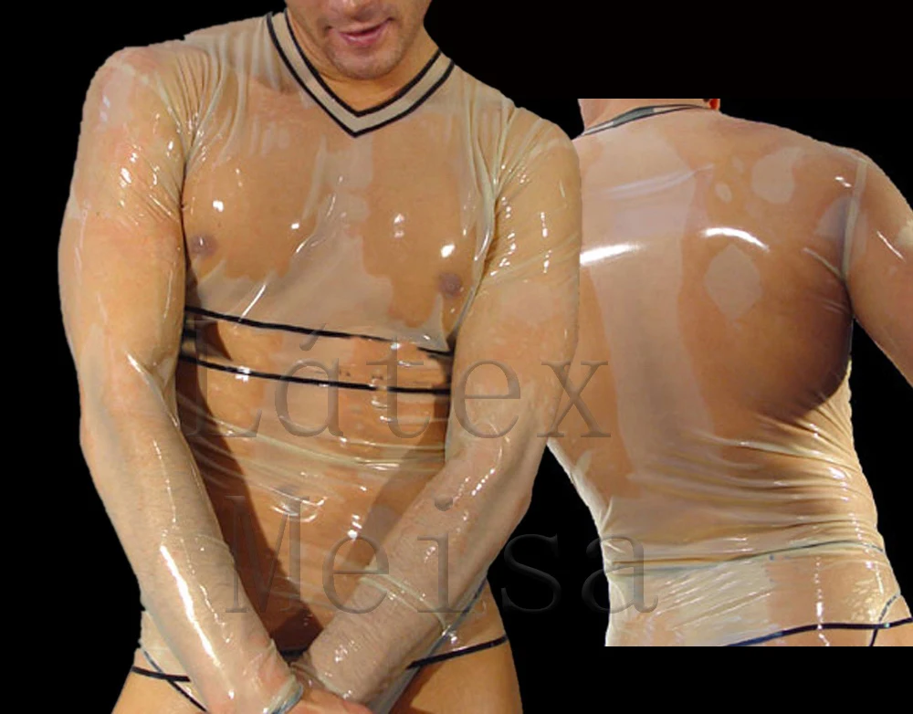 Sexy transparent latex t-shirt  long sleeve latex top men with 100% handmade