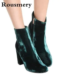 Velvet Round Toe Lady Sexy Ankle Booties Autumn Winter Square Heels Woman Fashion Short Boots Blue Green High Heels Shoes Size45