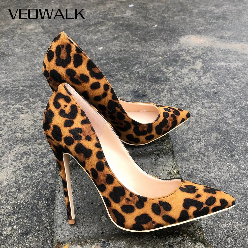 Veowalk 2021 dames schoenen 12/10/8CM Heel Height Flock Leopard Classical High Heels Sexy Wedding Party Women Shoes