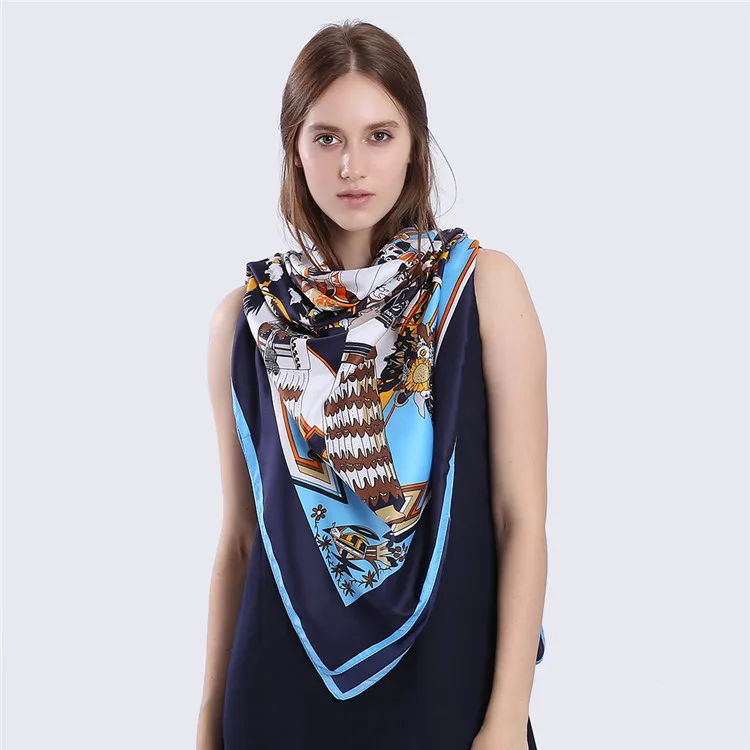 POBING Twill 100% Silk Scarf Hopi Print Neckerchief Indian Feather Female Square Scarves Lady Foulards Female Large Hijab 130cm