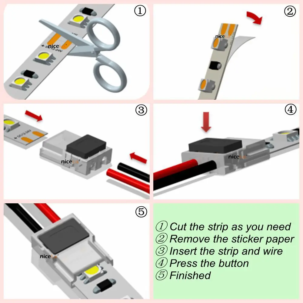 5pcs/lot 2pin LED Strip Connectors for 8mm 10mm IP20 LED Strip to Wire to Strip Power Use Welding Free Quickly Connect 3528 5050