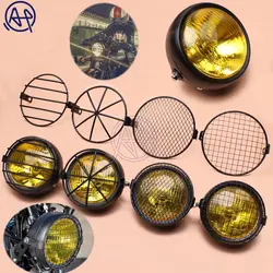 Motorcycle Yellow Lens 12V Hi/Low Bean Bulb Front Headlight+Metal Retro Grill Mask Universal For Honda CB100 CB125S GN125 CG125