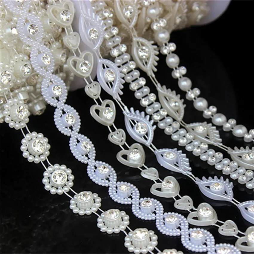 1 Yard Rhinestone Chain ABS Pearl Beads Crystal Chain Trim Sew On for DIY Wedding Costume Applique Jewelry Craft Accessories