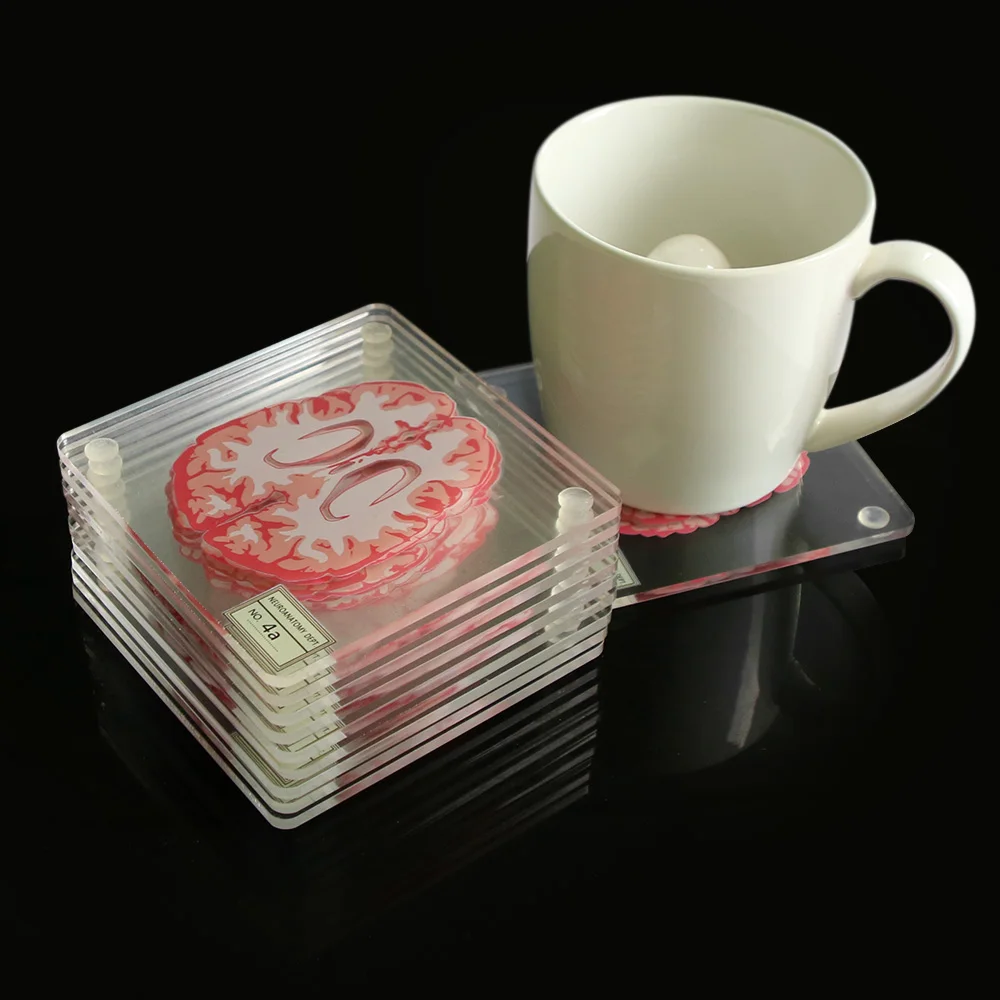 Brain Specimen Coasters Set 3D Organ Brain Artwork Brain Slices Square Acrylic Glass Drinks Table Coaster Drunk Scientists Gift