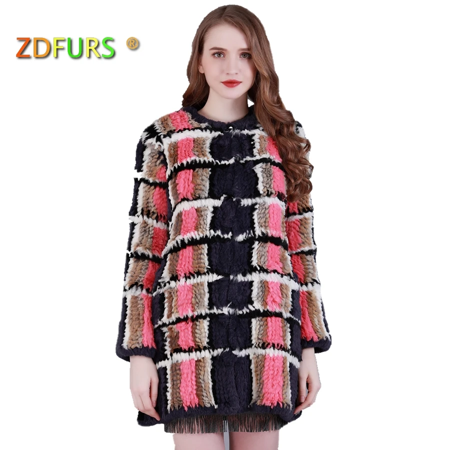 Zdfurs * 2017 novo real feito à mão malha rex coelho casaco de pele inverno outerwear estilo longo grid casaco de pele ZDKR-165021