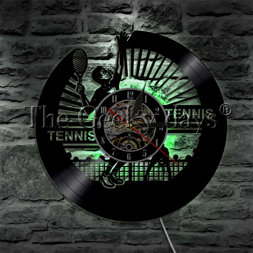 Tennis Match Vinyl Record Wall Clock Modern LED Wall Light Sport Tennis Player Decorative Lighting For Tennis Lover Gift