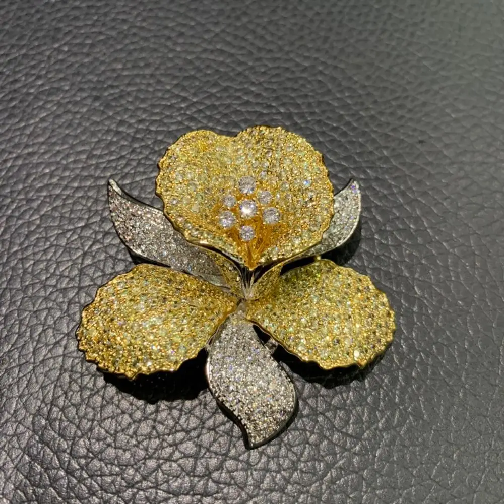 yellow and white color mixed orchid brooch pins copper with cubic zircon fashion women jewelry free shipping high quality