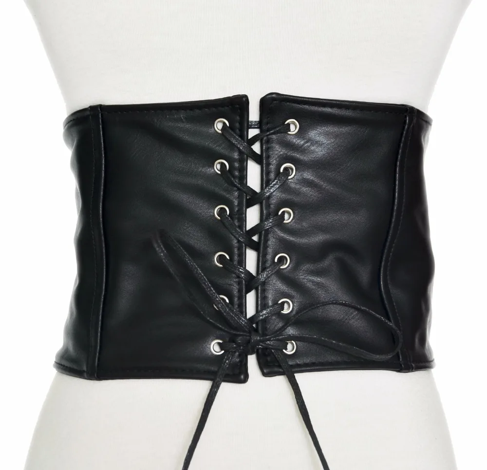 BG-307 New lady black leather corset belt European lace up faux leather stretch jeans belts woman wide waist belt