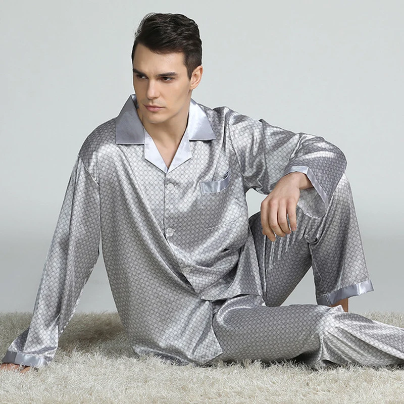 Novos conjuntos de pijama de cetim de seda dos homens manga longa pijamas conjunto de duas peças pijamas terno masculino respirável pijamas loungewear