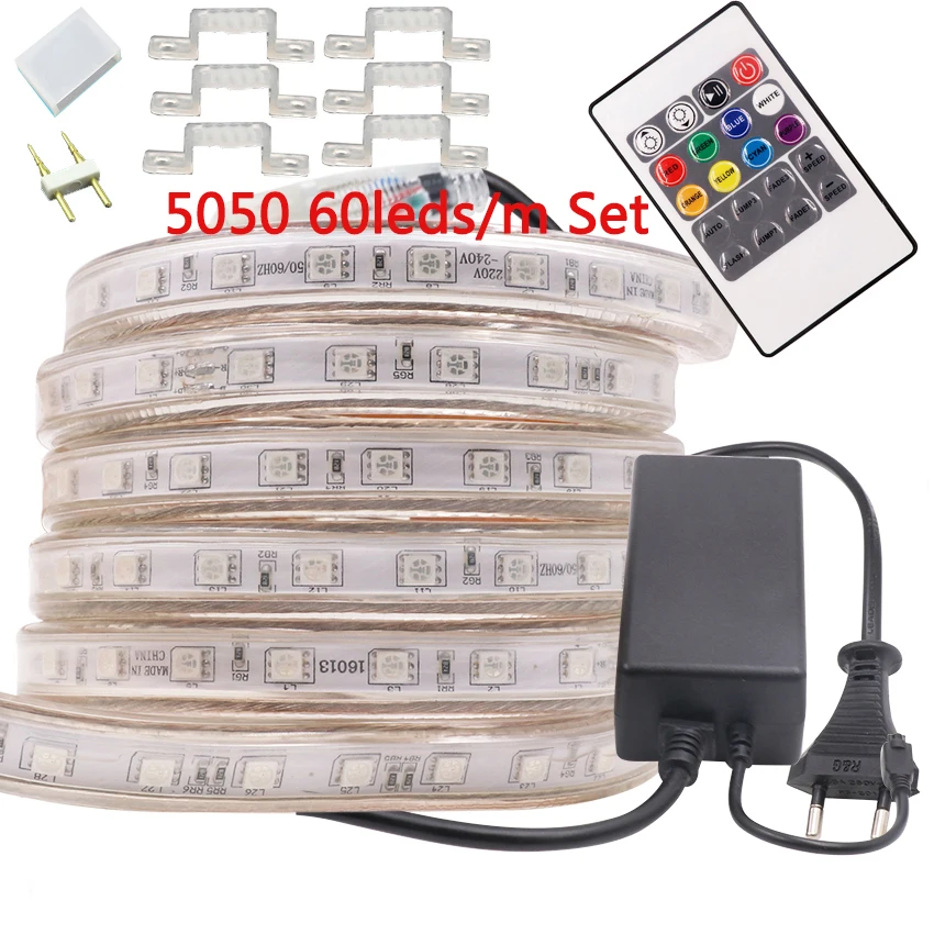 220V 5050 RGB LED Strip Light Waterproof IP67 Silicone Tube 60LEDs/M 120leds/m EU Controller KIT 1m 2m 5m 10m 15m 20m 50m 100m