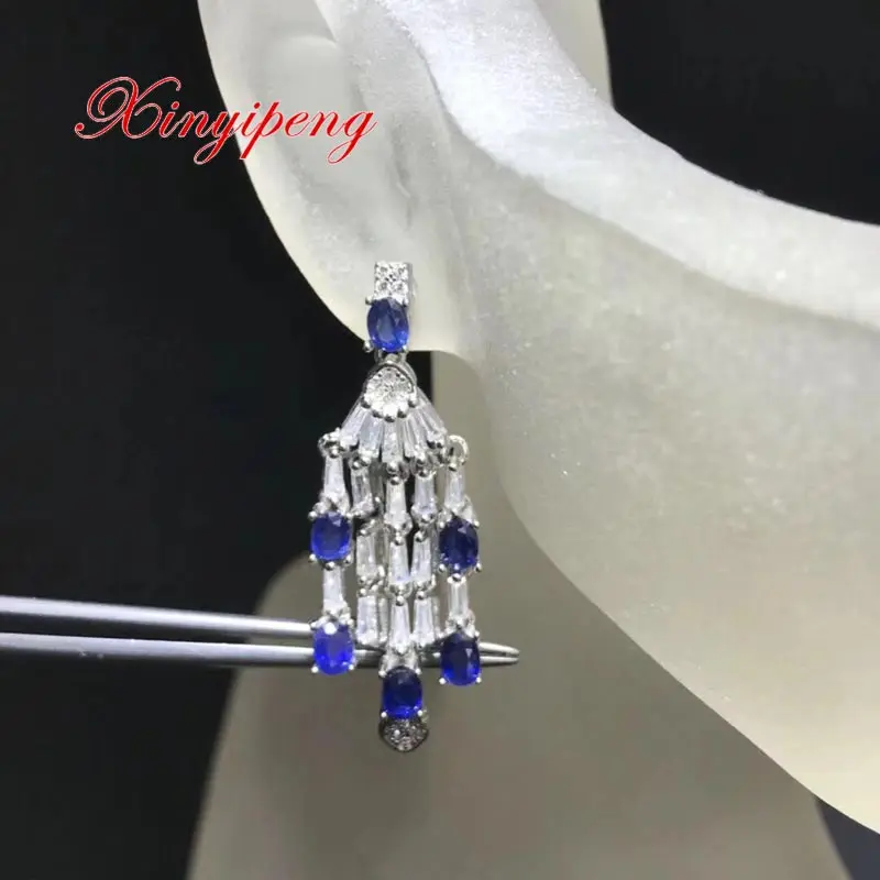 Xin yi peng 925 silver plated gold inlaid natural sapphire ear pendant women earrings Exquisite fashion