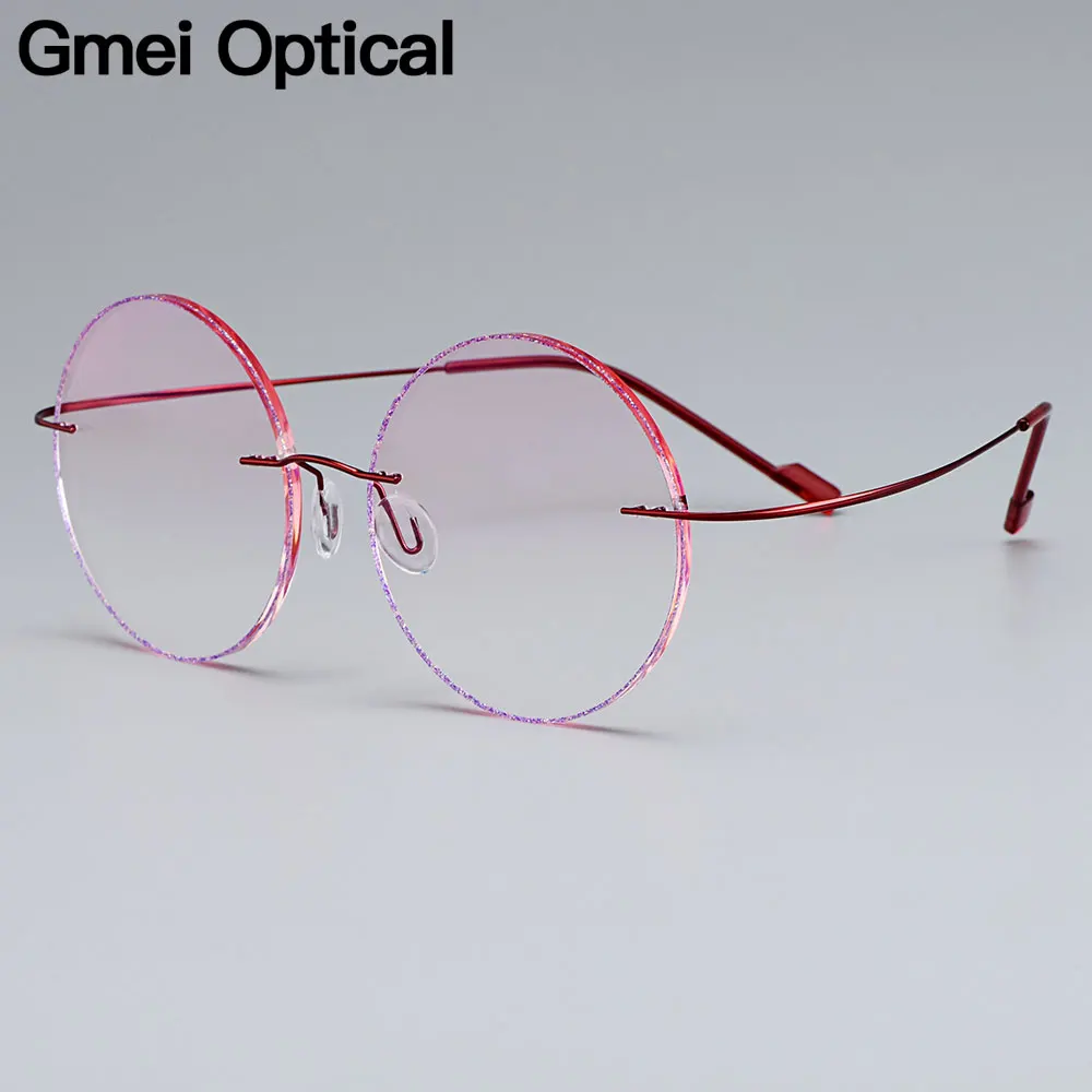 Gmei Optical Classic Ultra-light Red Titanium Alloy Women's Rimless Glasses Frame With Gradient Pink Tint Plano Lenses T80898