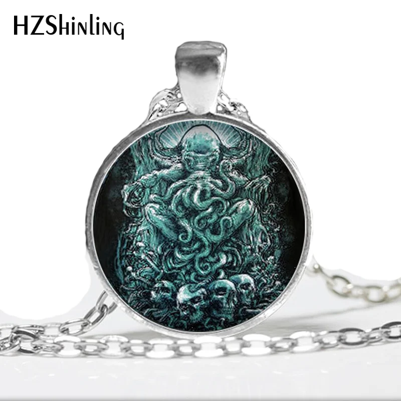 HZ--A377 Fashion new Kraken Cthulhu Pendant Necklace Cabochon Vintage Long Sliver Chain Statement Necklace Fine Jewelry HZ1