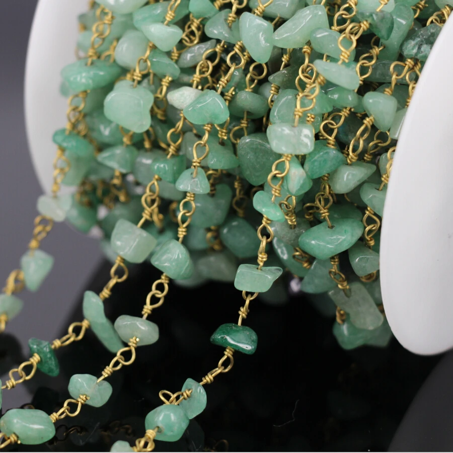 Fashion 5Meter Green Aventurine Chips Bead Rosary Chain,Golden plated Brass Wire Wrapped Chains Necklace Jewelry Findings