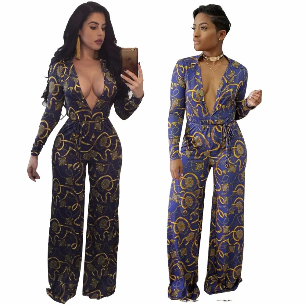 Plus size Fashion Women Print Jumpsuit Sexy Deep V-neck