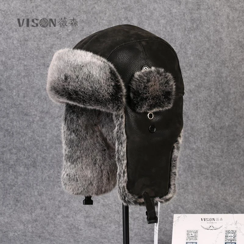 Men Fur Leather Hat for Winter Imitation Leather Fur Hat with Pom Ear Protect Bomber Hats Russian Ushanka Cap Leifeng Hat B-8431