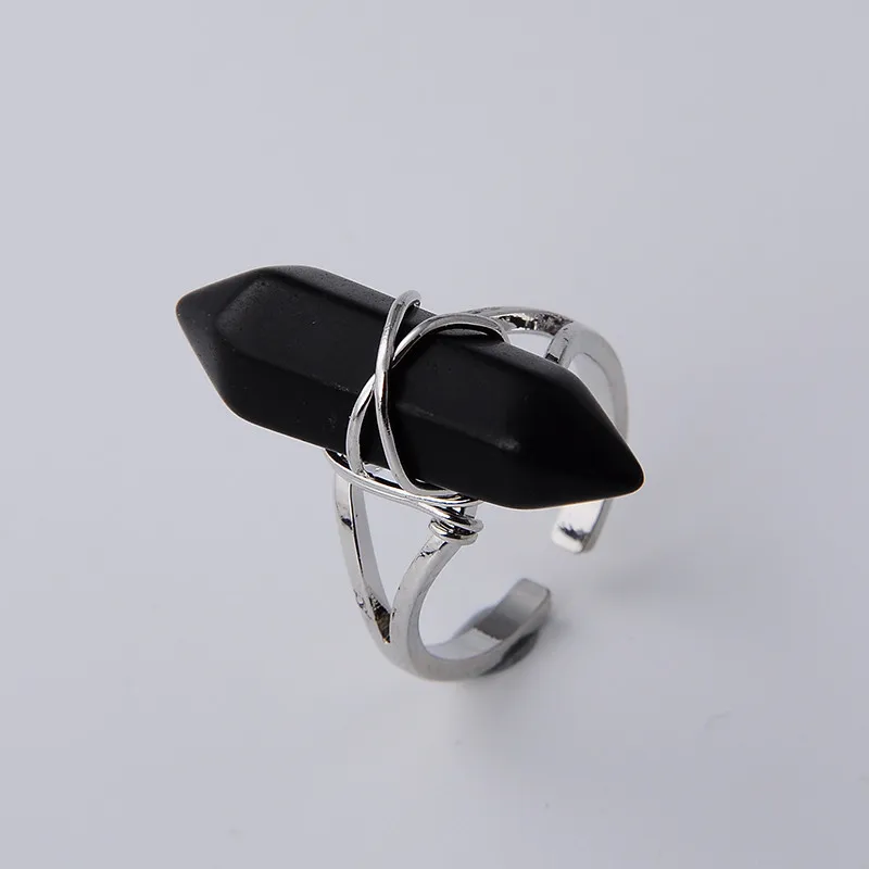 Reiki Natural Stone Finger Ring Prism Point Chakra Silver Plated Wire Wrapped Lapis Lazuli Black Obsidian Party Ring Jewelry