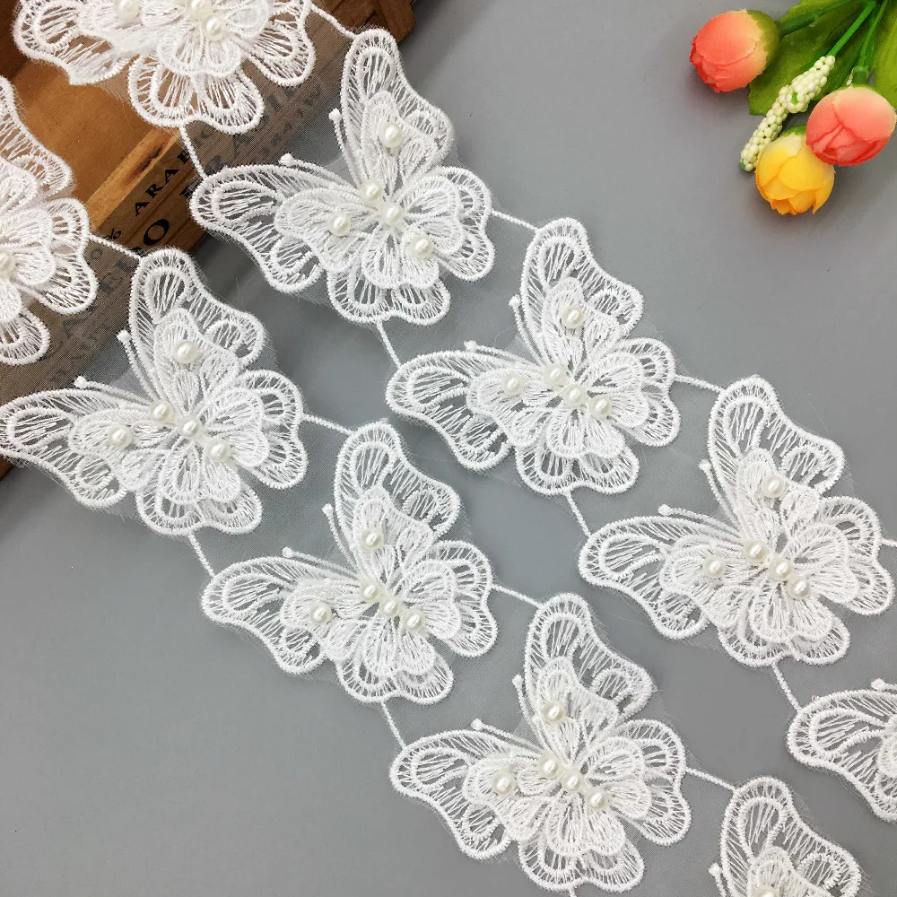 

2 Yards Vintage White Butterfly Pearl Beaded Lace Trim Fabric Ribbon Embroidered Dantel Applique Sewing Craft Wedding Dress