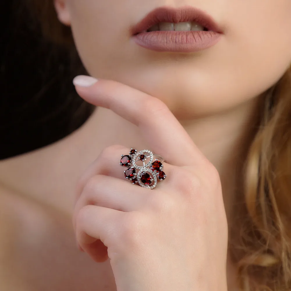 GEM\'S BALLET Natural Red Garnet Vintage Flower Jewelry Set 925 Sterling Silver Gemstone Earrings Ring Set For Women Fine Jewelry