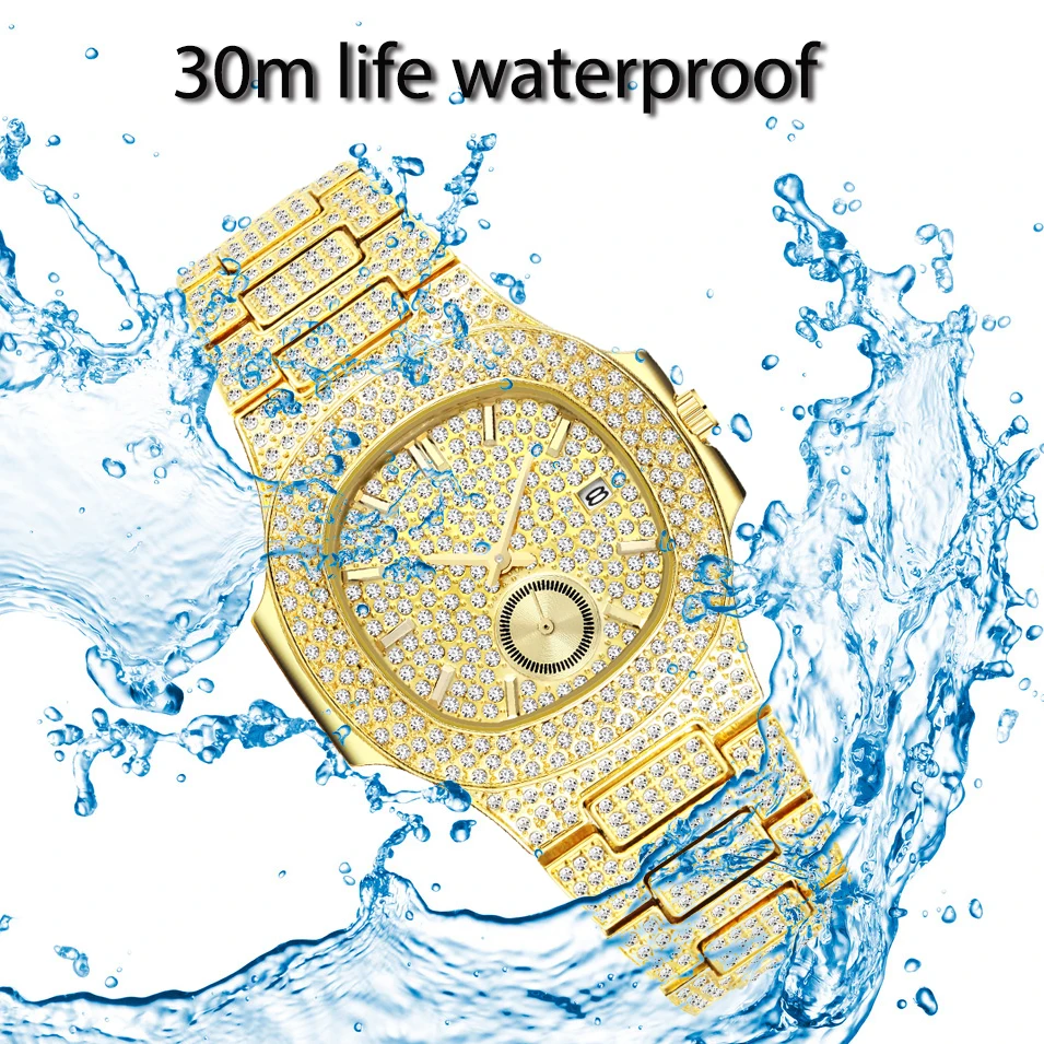 Mens Watches Top Brand Luxury MISSFOX NEW Trending 18K Gold Watch Men Chronograph Waterproof Big Hublo Steel Full Diamond Watch