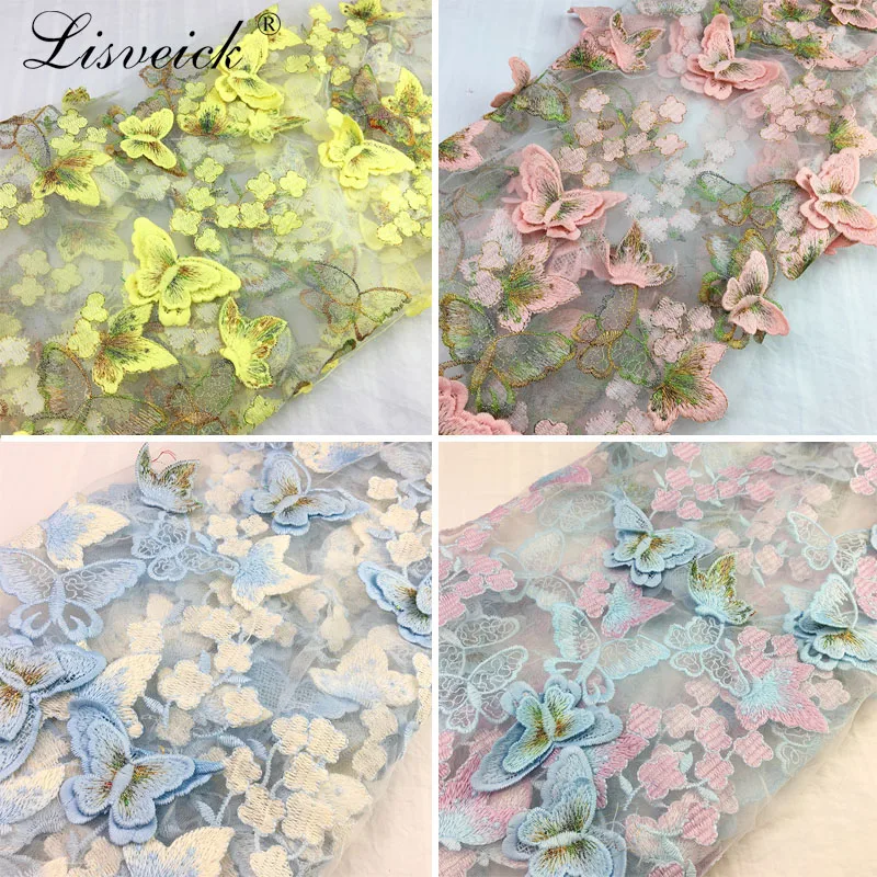 1Yard Exquisite 3D Butterfly Embroidery Lace Fabric Multicolor Gold Thread Bridal Gown Wedding Fabrics Tulle Cloth DIY Dress