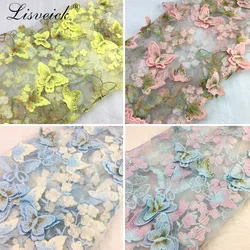 1Yard Exquisite 3D Butterfly Embroidery Lace Fabric Multicolor Gold Thread Bridal Gown Wedding Fabrics Tulle Cloth DIY Dress