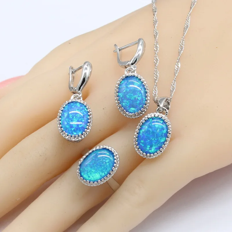 Round Fire Blue Opal Stones Silver Color Jewelry Sets For Women Necklace Pendant Drop Earrings Rings Free Gift Box