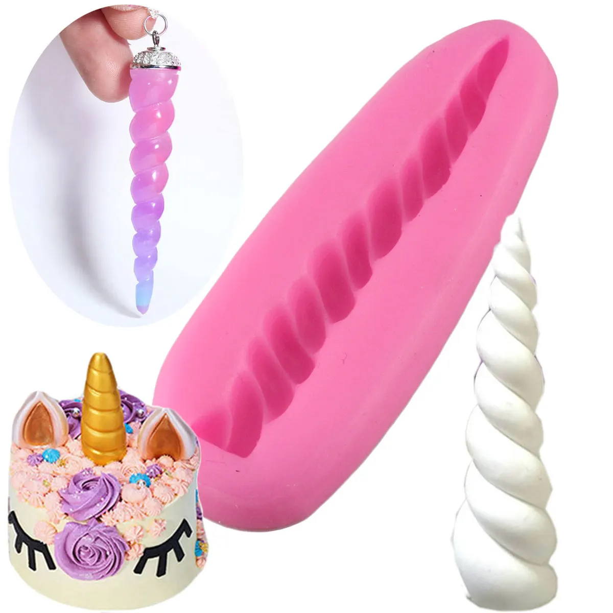 Mujiang 3D Unicorn Horn Silicone Mold Polymer Clay Pendulum Pendant Mold Candy Chocolate Mould Fondant Cake Decorating Tools