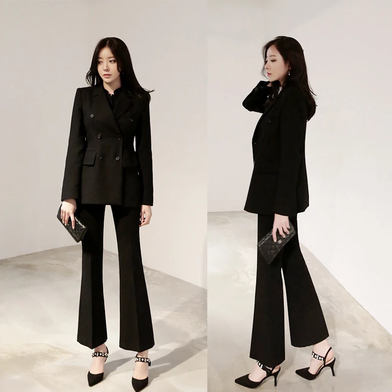 Spring and Autumn Slim Korean double-breasted small suit micro bell pants casual fashion suit office OL women's two-piece suit