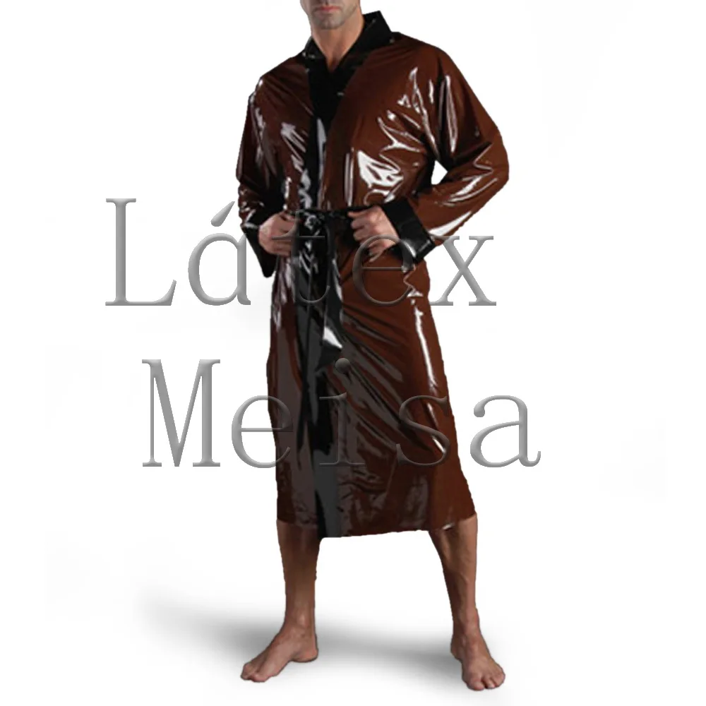 Casual latex bathrobe long sleeve bathing suit in brown color with front belt decoration for men