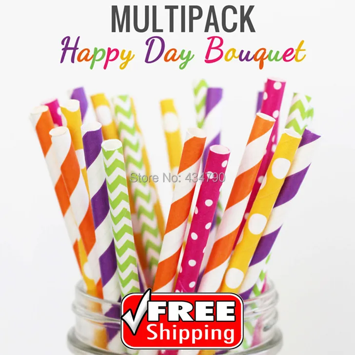 200 Pcs Mix 4 Designs HAPPY DAY BOUQUET Cheapest Paper Straws,Deep Purple,Deep Pink,Lime Green,Orange Striped,Swiss Dot,Chevron